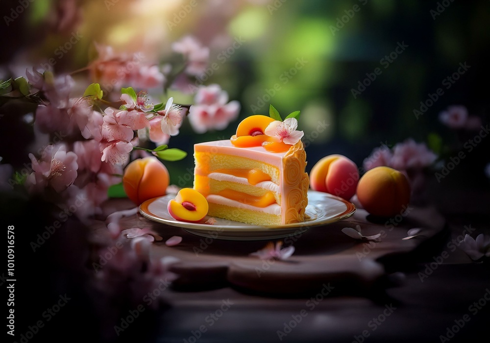 Poster a piece of peach cake sits on a plate adorned with peach slices and blossoms, with a soft glow of li