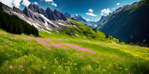 Fototapeta premium Idyllic mountain landscape in the Alps with blooming meadows in springtime
