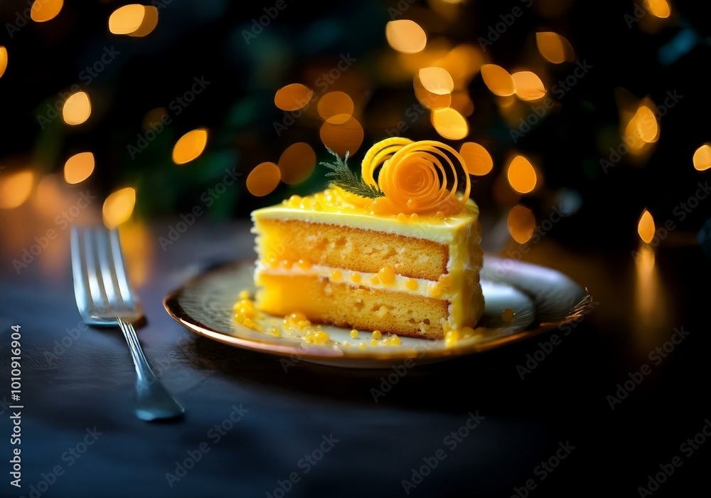Poster A slice of layered cake with yellow frosting and orange zest sits on a white plate with a blurred background of gold bokeh.