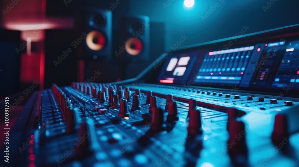 Poster A close-up view of a sound mixing console in a studio with vibrant lighting.