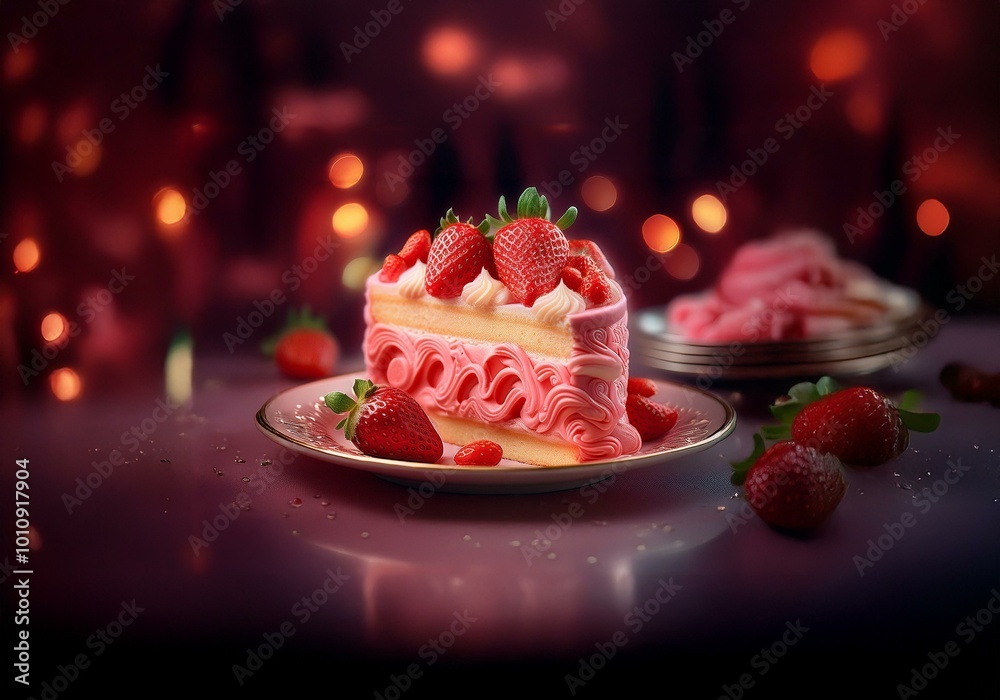 Aufkleber a slice of strawberry cake with pink frosting is on a plate, surrounded by fresh strawberries. the b