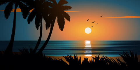 Scenic tropical beach sunset illustration