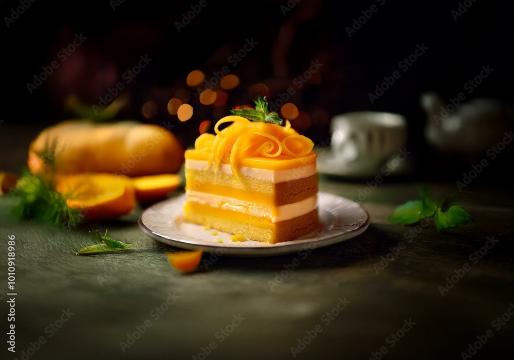 Poster a slice of yellow cake with orange frosting and a swirl of orange zest is sitting on a white plate.