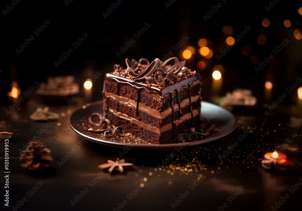 Poster A slice of chocolate cake with drizzled frosting and chocolate shavings on a plate against a dark background with bokeh lights.