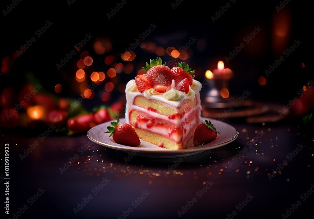 Poster a slice of strawberry cake sits on a white plate against a dark background with bokeh lights.