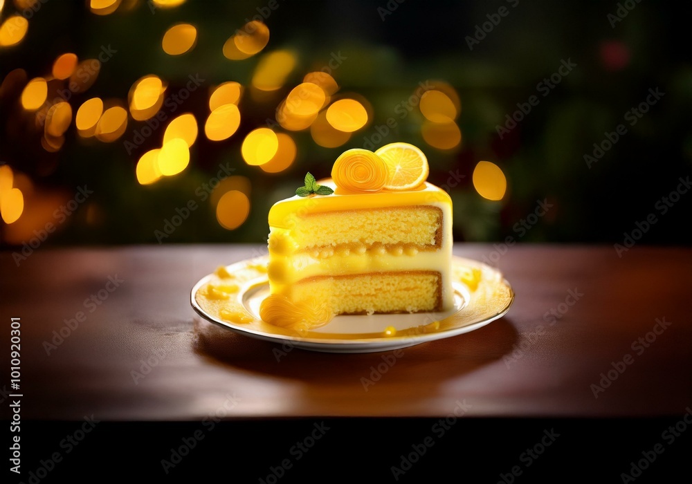 Poster A slice of lemon cake with a single mint leaf on top is on a white plate with a dark brown background of bokeh lights.