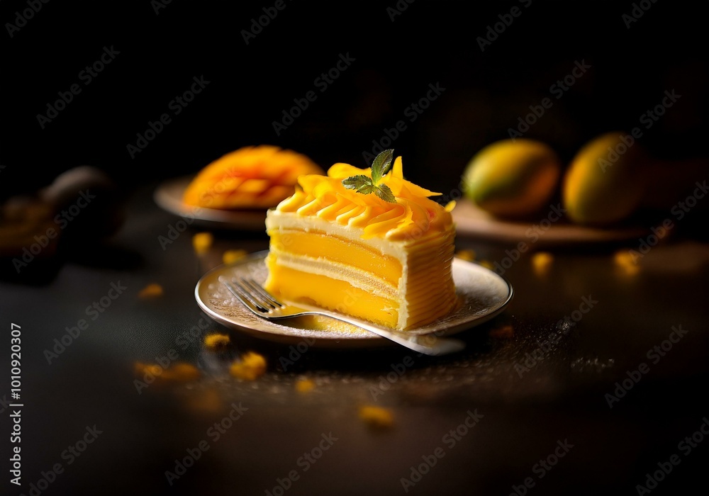 Poster a slice of yellow cake with white frosting is on a plate with a fork. the cake is garnished with a s