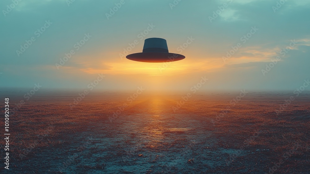 Canvas Prints A floating hat against a sunset in a serene landscape.