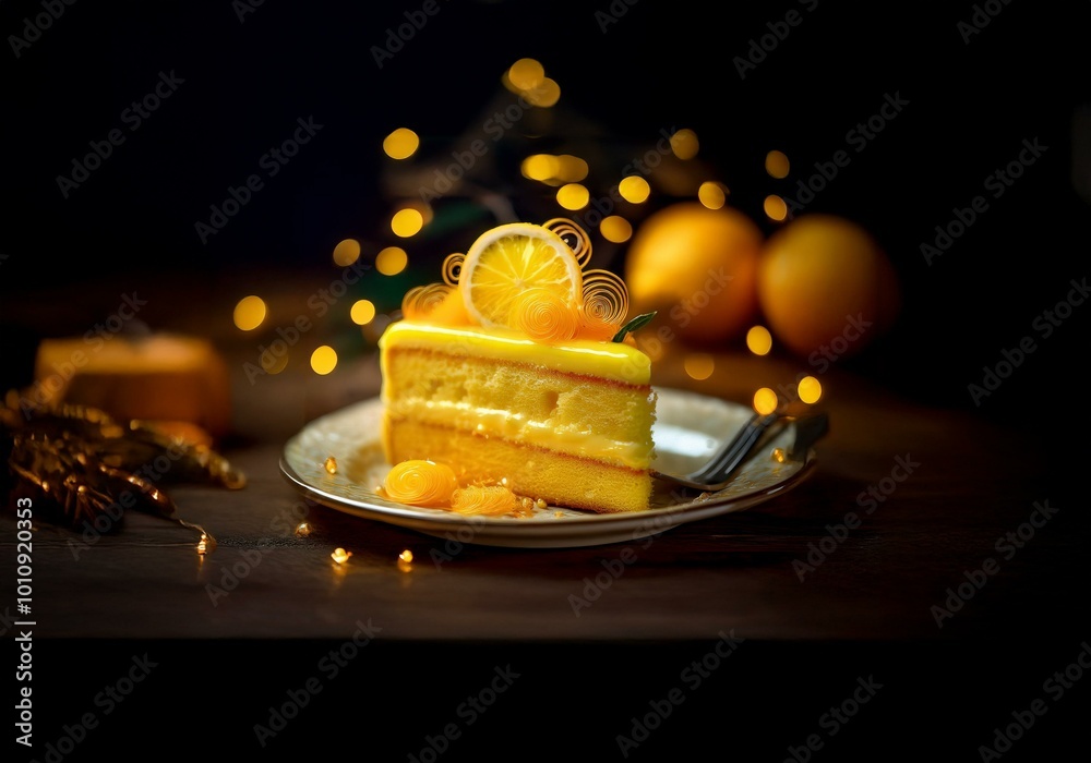 Poster a slice of yellow cake with a lemon wedge on top sits on a white plate. it is on a dark wooden table