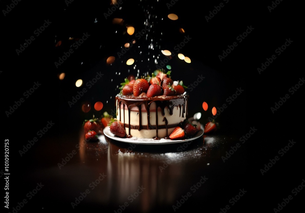 Poster a white and chocolate layered cake is topped with strawberries and drizzled with chocolate on a dark