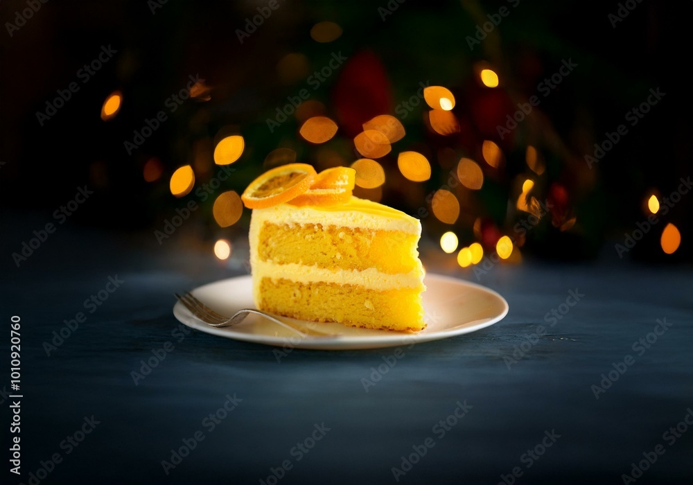Poster a slice of citrus cake sits on a white plate on a dark blue table with a blurry background of warm y