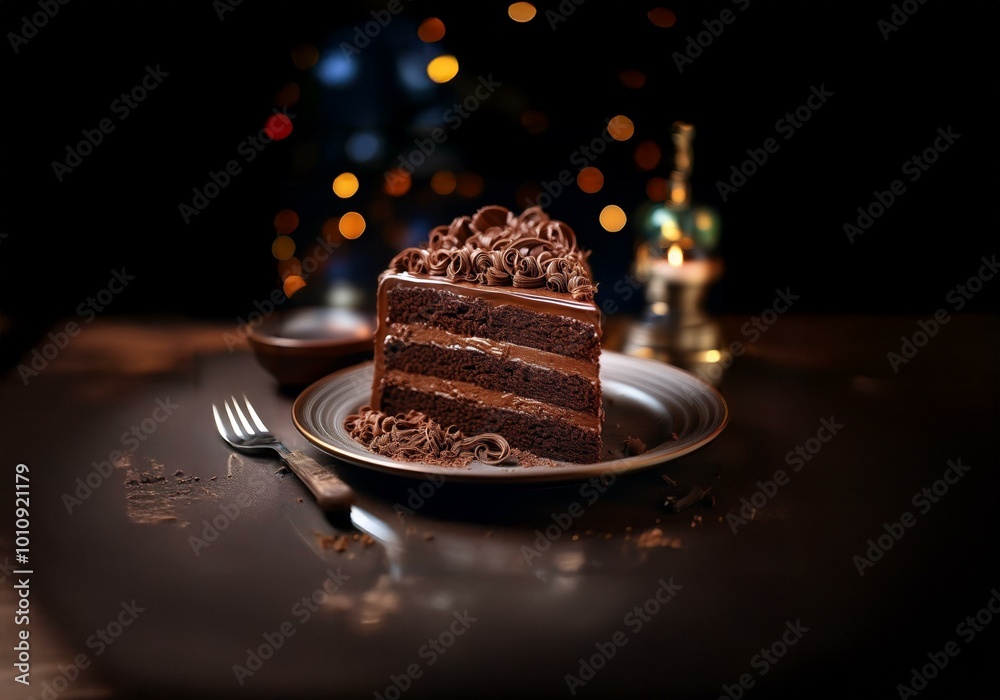 Poster a slice of chocolate cake sits on a plate with a fork to the side.