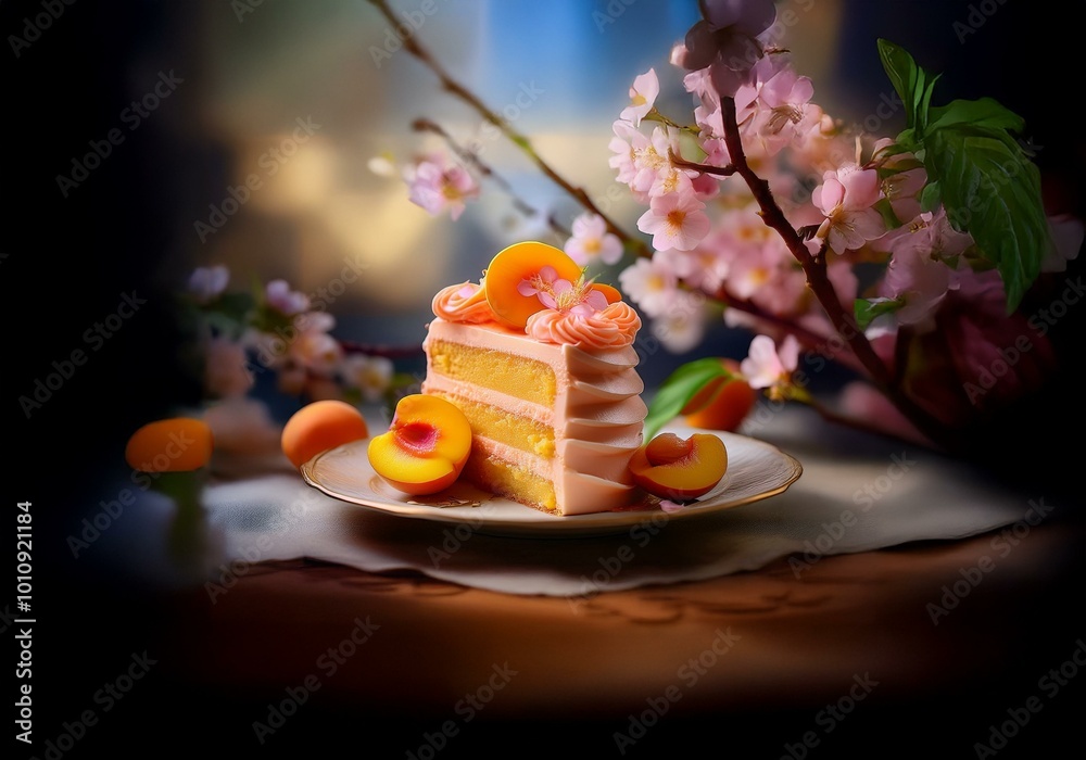 Poster a slice of cake decorated with peach slices and pink frosting, resting on a plate with a whole peach