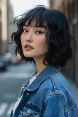 Obraz premium Asian woman with a short bob hairstyle, wearing a denim jacket and standing on a street in New York City. The image is a side view, showing the woman's shoulder-length wavy hair and bangs. 