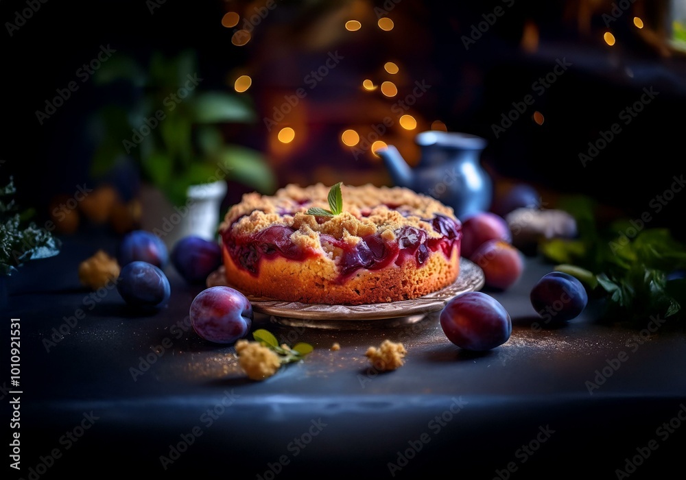 Poster a single plum cake with a crumb topping sits on a plate with plums scattered around.