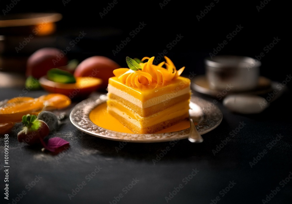 Poster A single slice of layered yellow cake with mango topping is arranged on a plate.