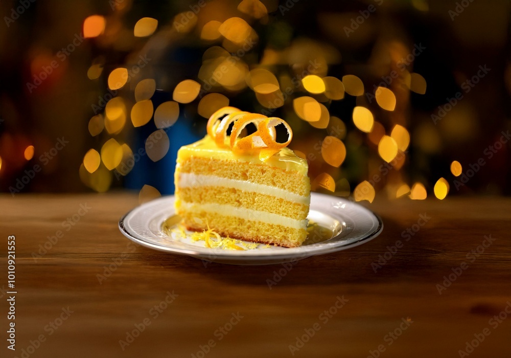 Poster a slice of lemon cake with citrus zest on a white plate, lit with warm, blurry lights in the backgro