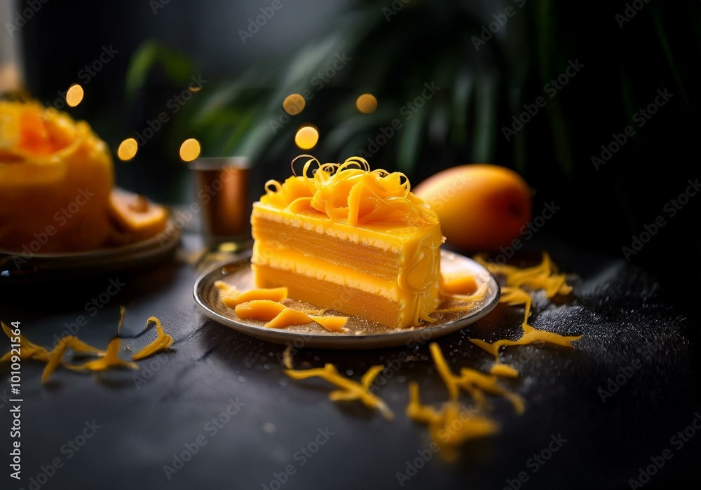 Poster a slice of layered yellow cake topped with a swirl of mango glaze. the cake is on a small plate, wit