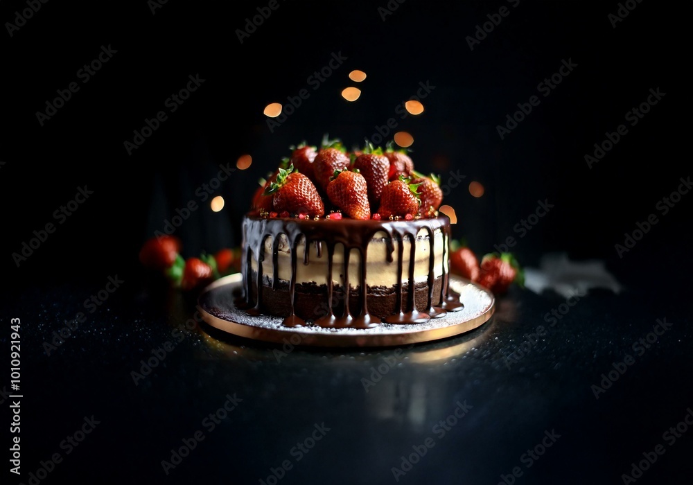 Poster a chocolate cake with layers of frosting and a chocolate glaze topped with fresh strawberries.