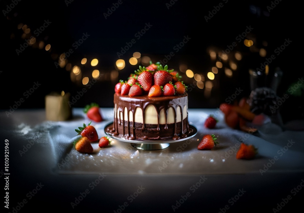 Aufkleber a chocolate cake with white frosting, topped with strawberries and drizzled with chocolate sits on a