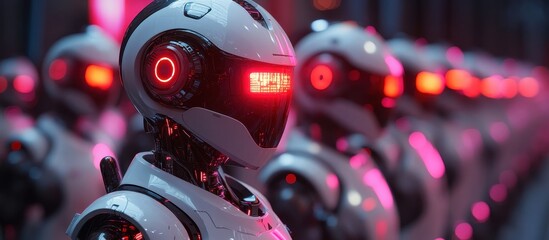 Fototapeta premium Futuristic Robots with Glowing Red Eyes in a High-Tech Environment, Showcasing Advanced Technology and Artificial Intelligence