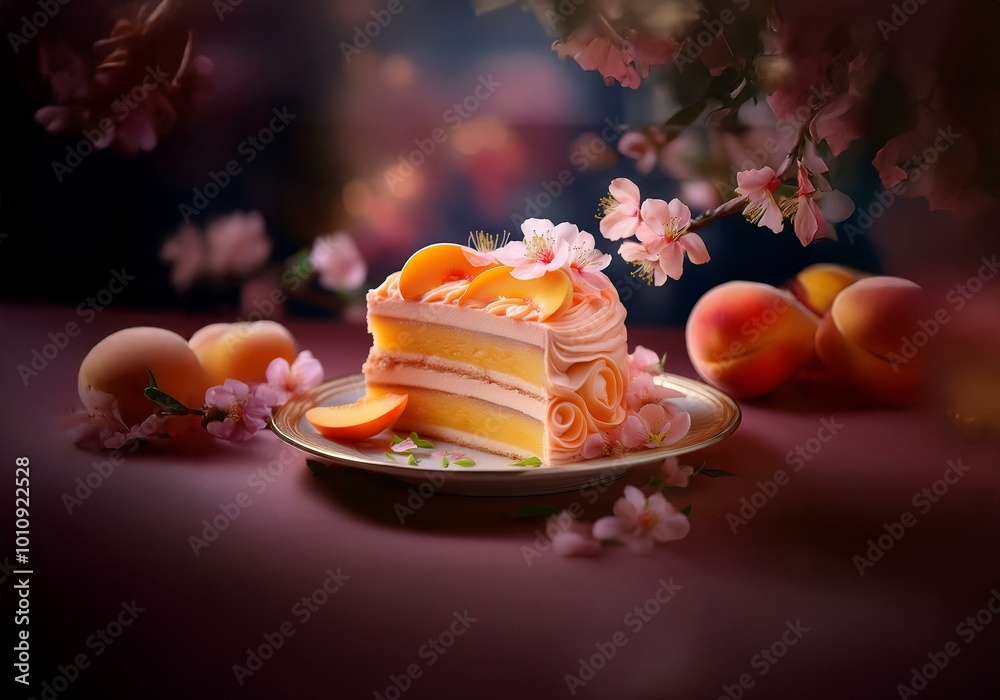 Poster a slice of peach cake decorated with peach slices and pink flowers rests on a white plate with whole