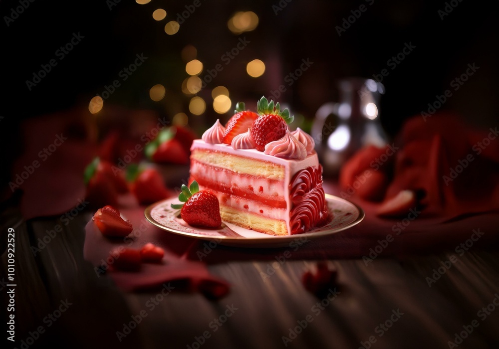 Poster a slice of layered cake with pink frosting and a whole strawberry on top rests on a white plate with