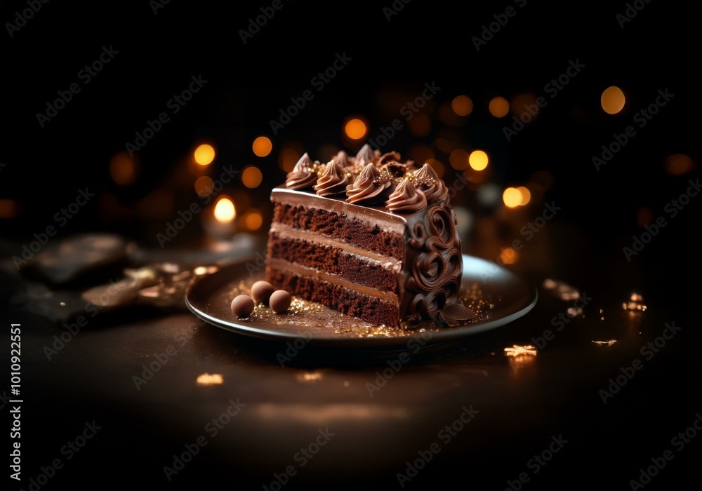 Poster a slice of chocolate cake with swirls of frosting sits on a plate with golden sprinkles, lit by warm