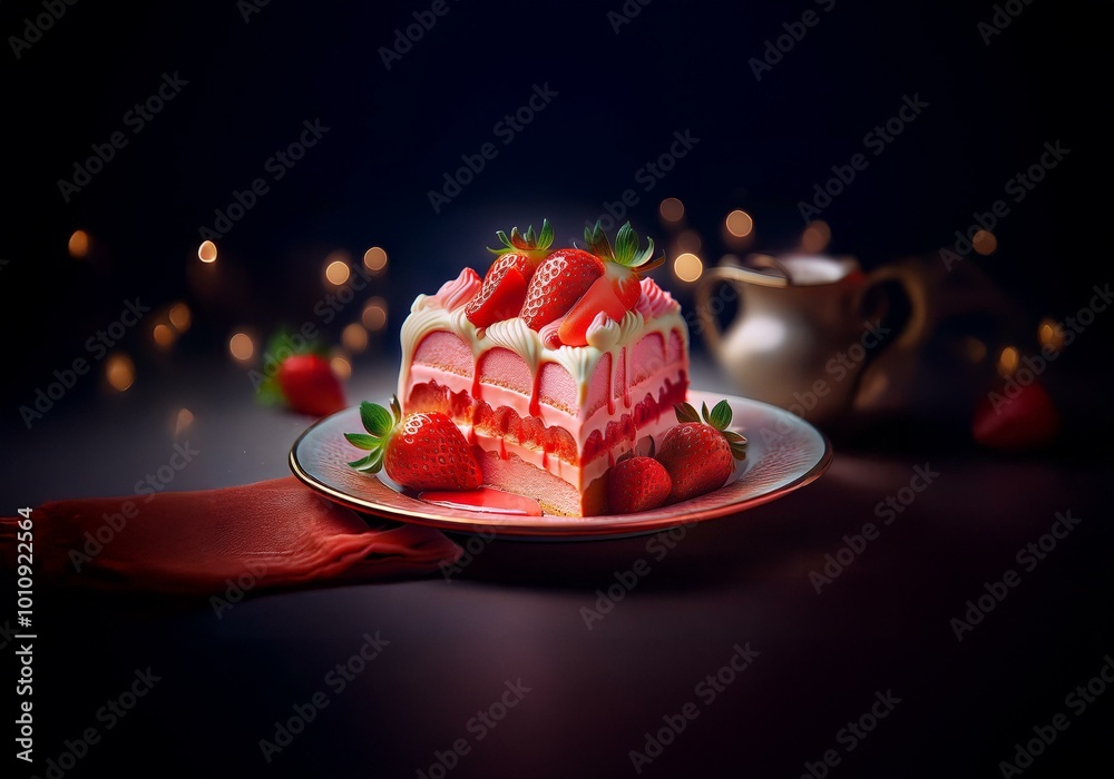 Aufkleber a slice of strawberry cake on a white plate with strawberries around it. there is a red napkin on a 