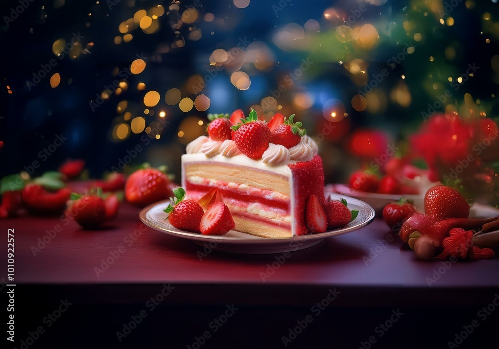 Poster A slice of strawberry cake with whipped cream sits on a white plate next to a cluster of fresh strawberries on a maroon table with a blurry background of lights and a green tree.
