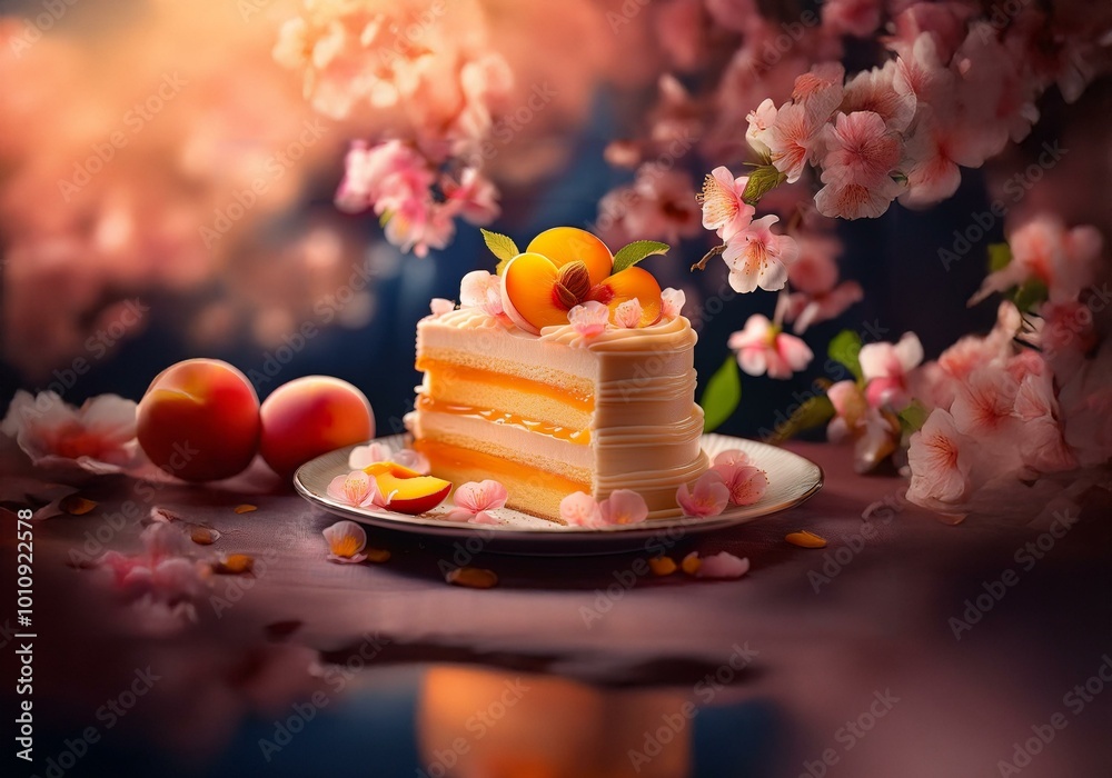 Poster a slice of layered cake with peach filling and frosting, decorated with fresh peach slices and bloss