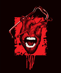 vector illustration on a medical theme with a human heart with a mouth with an aggressive grin and a surgical saw for amputation on red and black blood background