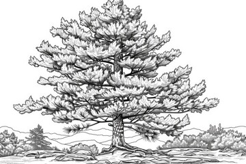 Fototapeta premium Coloring book illustration of a pine tree in a natural setting