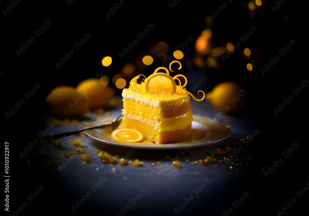 Poster A slice of lemon cake topped with lemon zest sits on a white plate with a fork and a few lemons.