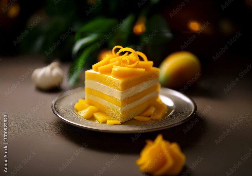 Poster a yellow dessert layered with a white filling is on a silver plate with mango slices and a swirl of 