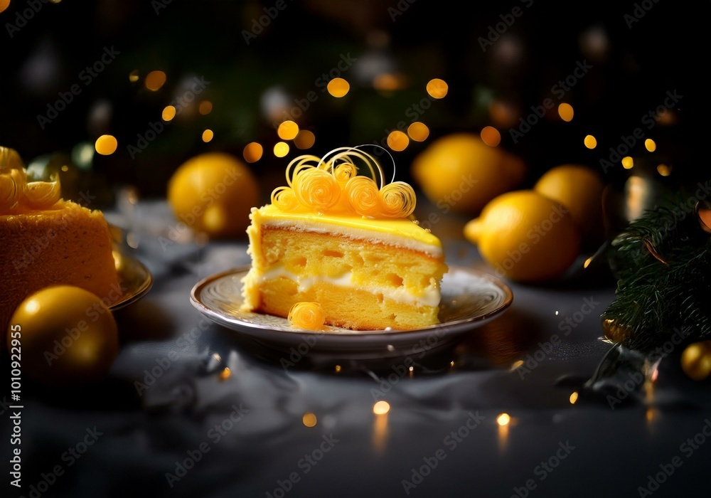 Aufkleber a slice of lemon cake with yellow frosting and swirls on a plate, blurred lemons and bokeh lights in