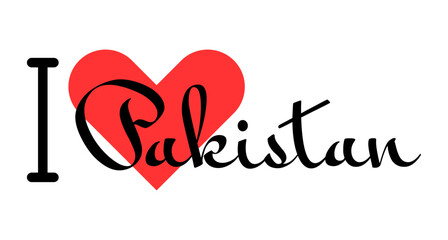 I love Pakistan. Hand drawn letters with red heart. Vector illustration, lettering in modern design