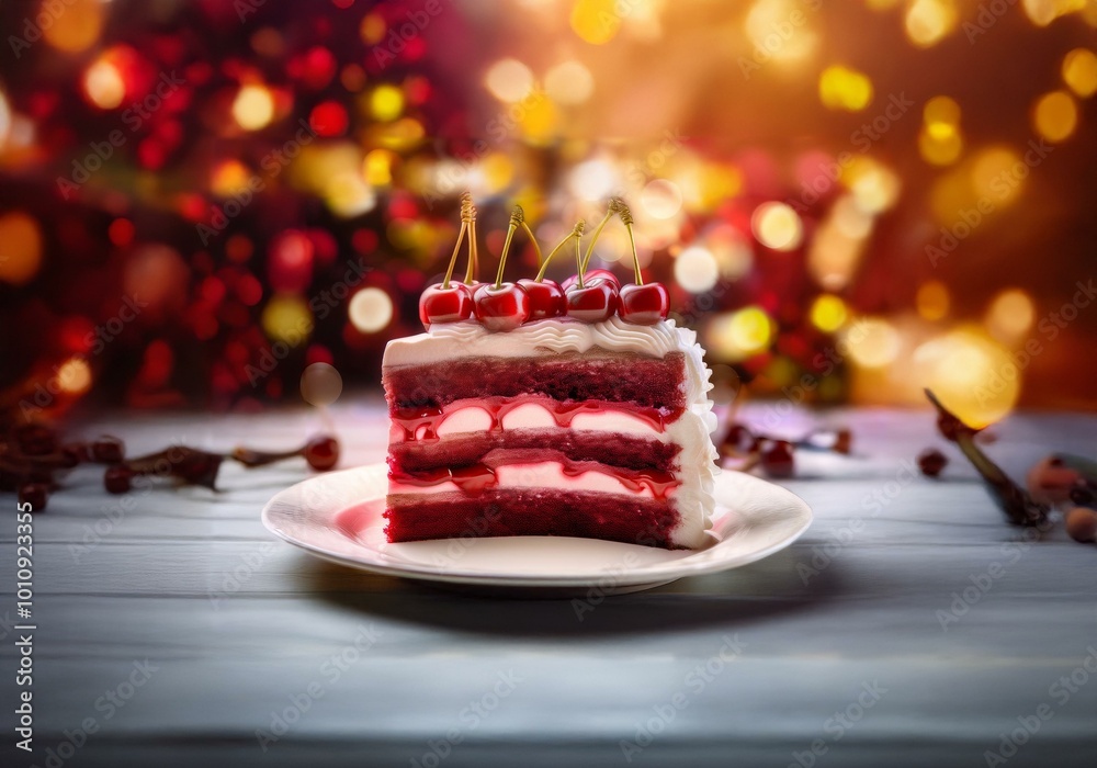 Poster a slice of red velvet cake topped with cherries on a white plate against a blurred background of red
