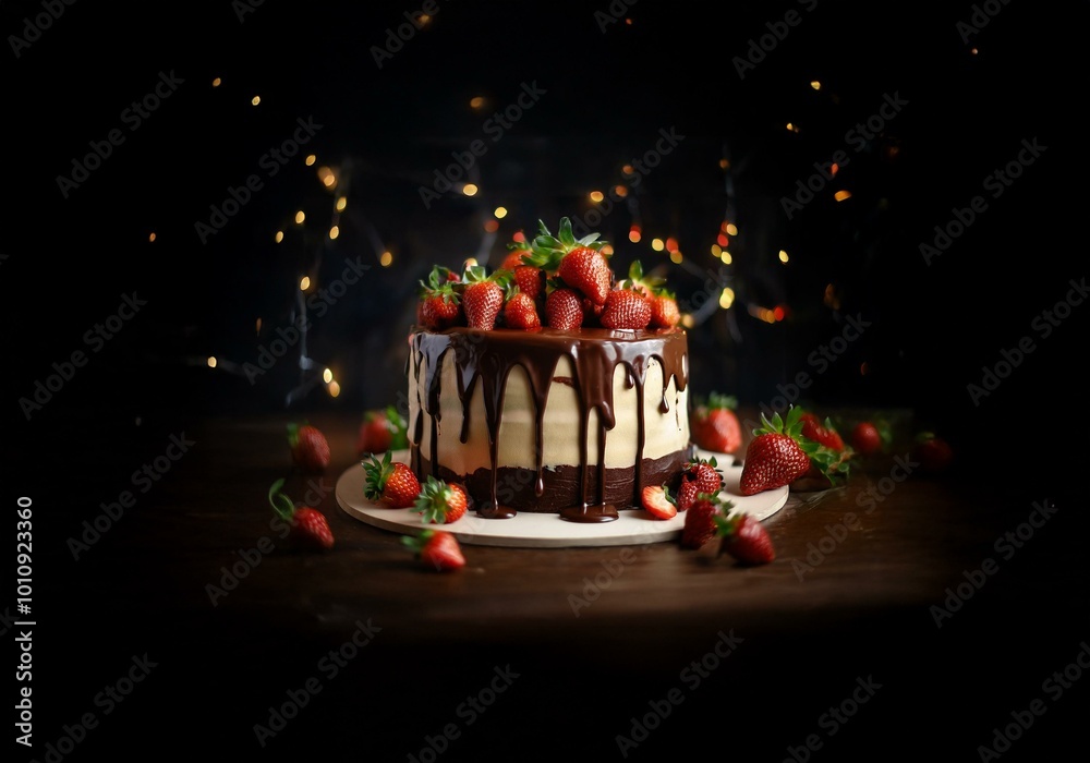 Poster a chocolate cake topped with strawberries sits on a wooden surface, lit with blurred bokeh lights in