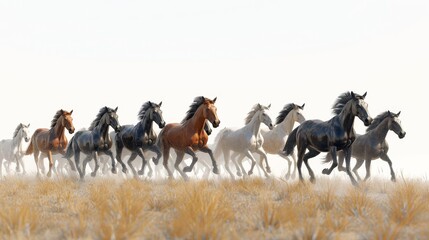 Cartoon 3D A herd of wild horses running freely across a vast open field. Isolate A white background surrounds the main subject.