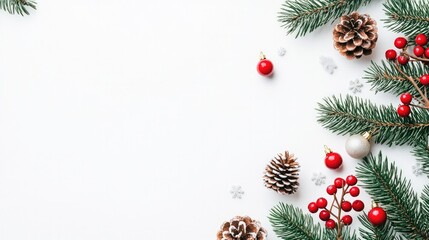An elegant Christmas frame made of pine branches, vibrant red berries, and textured pine cones, isolated on a white background for a holiday feel.