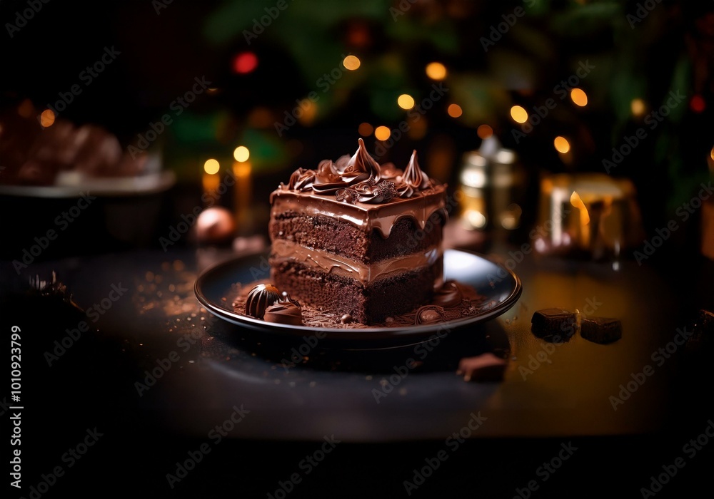 Poster a single slice of chocolate cake with chocolate frosting is on a black plate, and a few pieces of ch