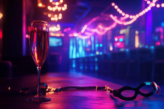 moody, dark-lit room with vibrant neon lights casting shadows. Blurred silhouettes of objects like champagne glasses, masks, and velvet ropes, suggesting an exclusive party 
