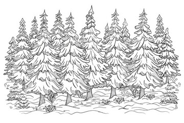 Obraz premium Coloring book illustration of a festive winter scene featuring snowy fir trees