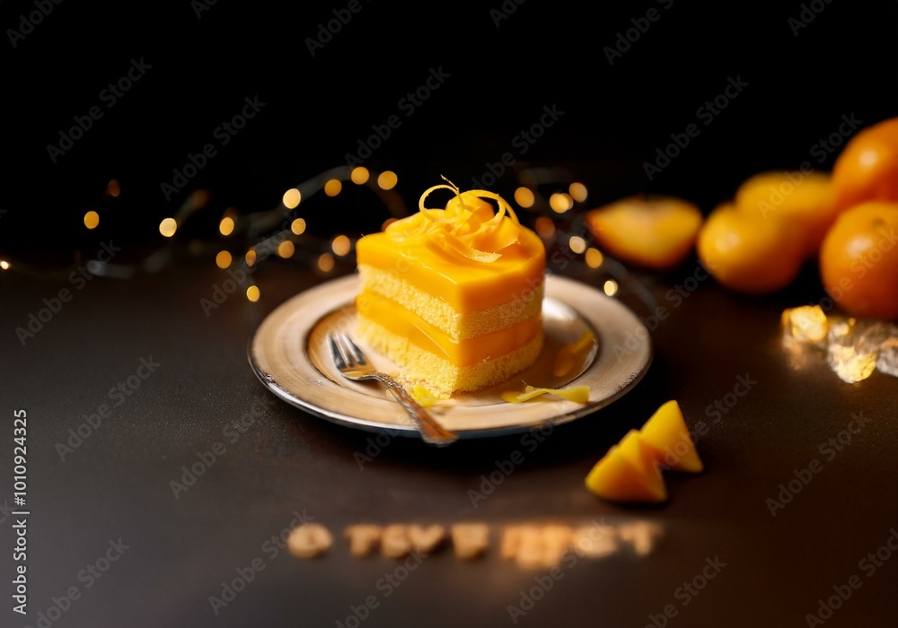 Poster A slice of cake with a citrus glaze on a plate.  There are some oranges and a fork on the plate.