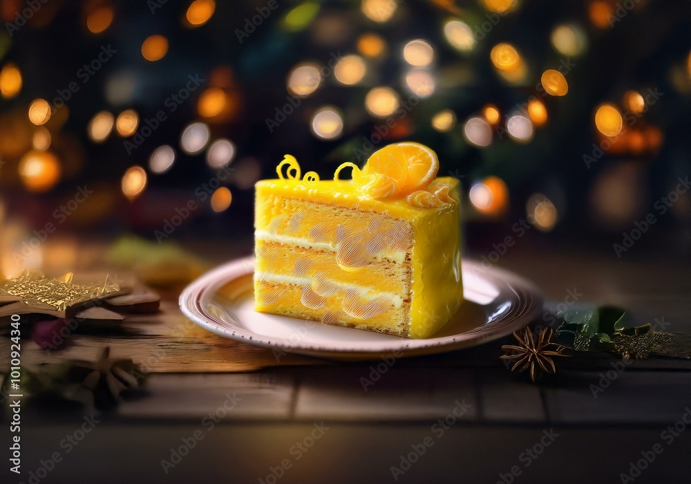 Poster a slice of yellow cake sits on a plate with blurred lights in the background.
