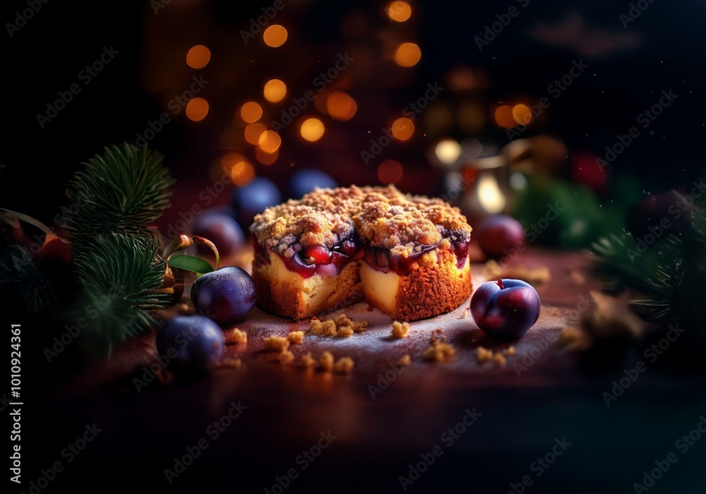 Aufkleber a slice of crumb topped fruit cake with plums in the foreground. the background is blurry with orang