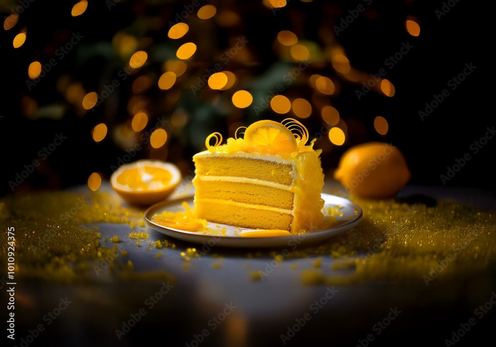 Poster a slice of yellow cake with lemon zest and an orange slice on top sits on a plate, surrounded by yel