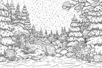 Obraz premium Coloring book illustration of a winter landscape with snowfall in a serene forest setting