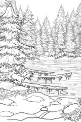 Fototapeta premium Coloring book illustration of an enchanting snow covered forest by a serene lake